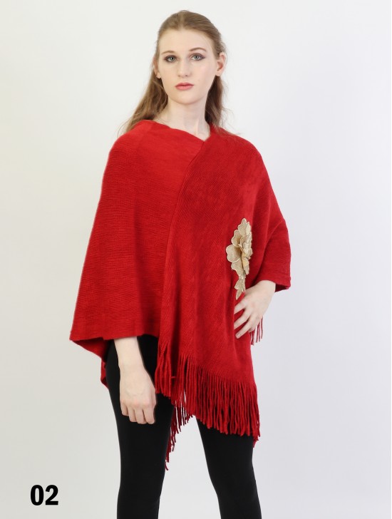 3D Floral Embroidery Poncho W/ Fringes